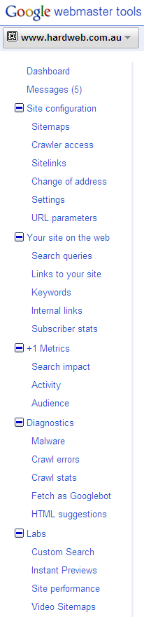 Categories within Google's suite of Webmaster Tools